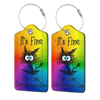 2 Pack Luggage Tags for suitcases Funny Cute Rainbow I'm Fine It's Fine Luggage Tag, Leather Stainless Steel Loop Label Tag for Men Women Travel Bag Suitcase(Rainbow Fine)
