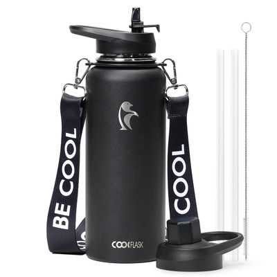 Coolflask 40 oz Water Bottle with Strap, Insulated Metal Water Flask with Straw & Spout Lids, Stainless Steel Double Wall Vacuum, Keep Cold 48h Hot 24h, Leak Proof & Non-BPA, Magic Black