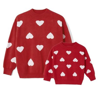 Awoscut Mother and Daughter Matching Clothes Sweater Cardigan Top Long Sleeve Heart Sweater Jumpers Mommy and Me Blouse (Kids, 02 Red, 2-3 Years)