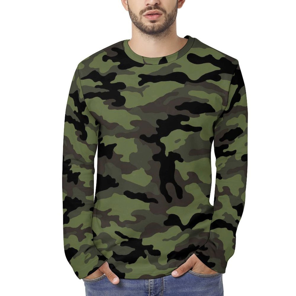 Army Green Camouflage Men's Long Sleeve T-Shirt Lightweight Crewneck Shirts Casual Tee Top S