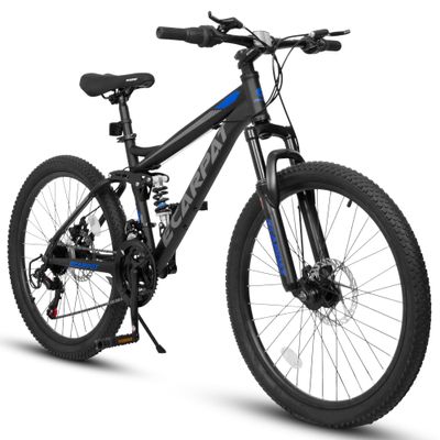 Mountain Bike 24 Inch Wheels, 21-Speed Full Suspension Trail Commuter City Mountain Bike, Carbon Steel Frame Disc Brakes Grip Shifter Front Fork Rear Shock Absorber Bicycles (Black, 24 Inch)