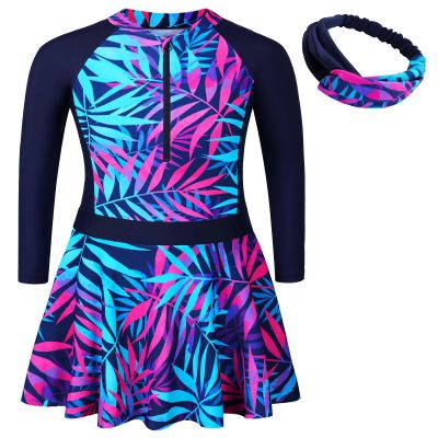 Girls Swimsuit One Piece Long Sleeve UPF 50+ Floral Skirted Bathing Suit Modest Beach Swim Dress S448_NavyLeaves_104/110