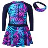 Girls Swimsuit One Piece Long Sleeve UPF 50+ Floral Skirted Bathing Suit Modest Beach Swim Dress S448_NavyLeaves_104/110 view 1