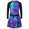 Girls Swimsuit One Piece Long Sleeve UPF 50+ Floral Skirted Bathing Suit Modest Beach Swim Dress S448_NavyLeaves_104/110 view 2