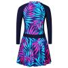 Girls Swimsuit One Piece Long Sleeve UPF 50+ Floral Skirted Bathing Suit Modest Beach Swim Dress S448_NavyLeaves_104/110 view 3