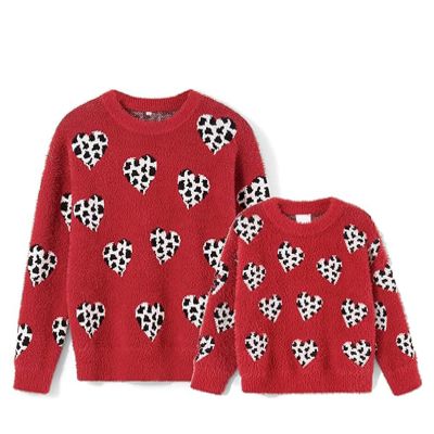 Awoscut Mother and Daughter Matching Clothes Sweater Cardigan Top Long Sleeve Heart Sweater Jumpers Mommy and Me Blouse (Kids, Red-Leopard, 2-3 Years)