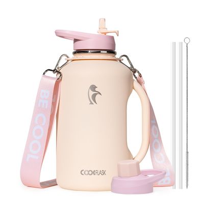 64oz Insulated Water Bottle, Coolflask Half Gallon Water Jug With Handle Straw Stainless Steel Double-Walled Vacuum Metal Large Flask With Strap Non-BPA Leakproof, Keep Cold 48 Hrs, Apricot Pink