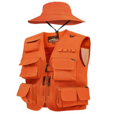 Shihanee 2 Pcs Men's Fishing Vest Sun Hat Multi Pocket Safari Vest for Outdoor Hiking Halloween Cosplay(XL,Orange)