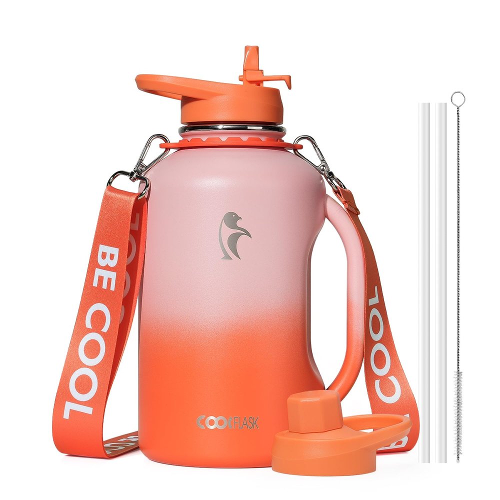 64oz Insulated Water Bottle, Coolflask Half Gallon Water Jug With Handle Straw Stainless Steel Double-Walled Vacuum Metal Large Flask With Strap Bpa-Free Leakproof, Keep Cold 48 Hrs, Sunny Orange