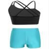 Freebily Kids Girls' 2 Pieces Dance Outfit Sport Crop Top Bra with Shorts Set Sports Workout Gymnastics Outfits Black&Lake Green 10 Years view 2