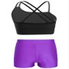Freebily Kids Girls' 2 Pieces Dance Outfit Sport Crop Top Bra with Shorts Set Sports Workout Gymnastics Outfits Black&Purple 14 Years view 2