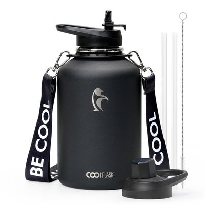 Coolflask 64oz Insulated Water Bottle with Strap, Half Gallon Large Water Jug with Straw & Spout Lids, Double Wall Stainless Steel Metal Flask, Keep Cold 48h Hot 24h, Leak Proof&Non-BPA, Magic Black