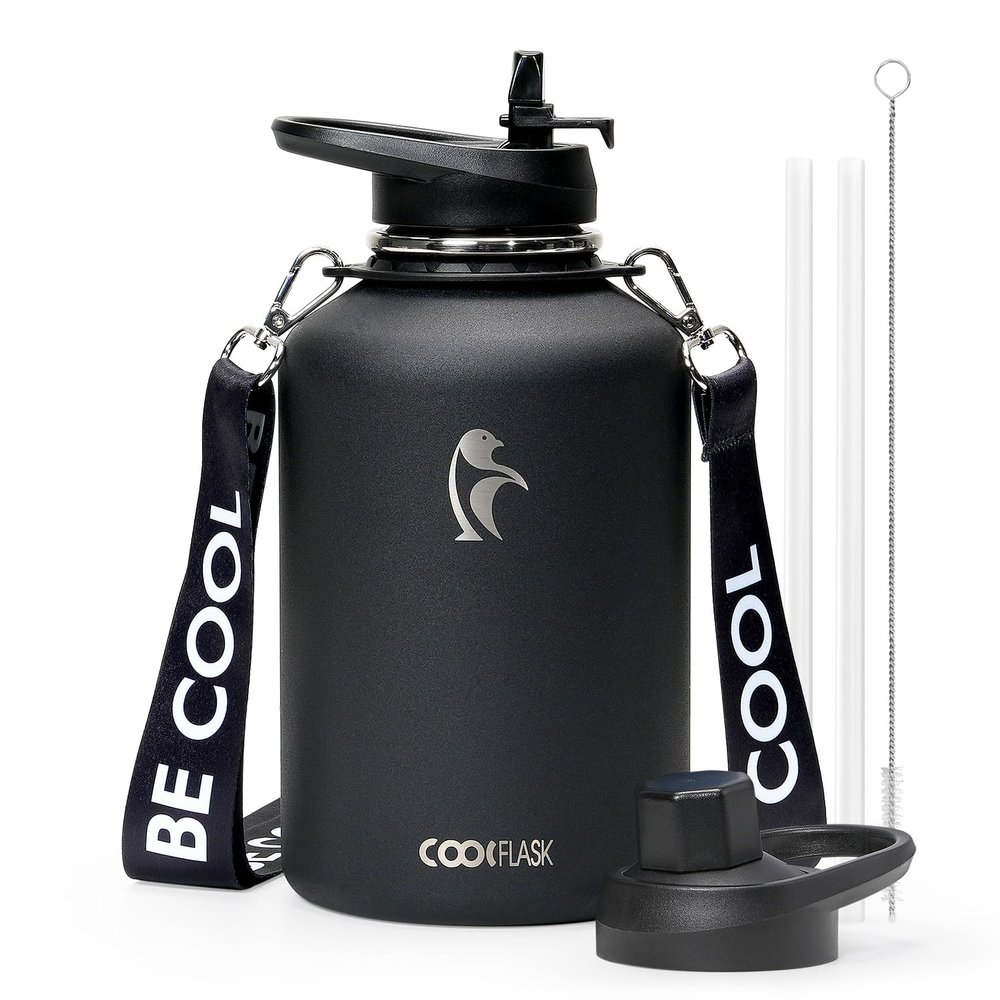 Coolflask 64oz Insulated Water Bottle with Strap, Half Gallon Large Water Jug with Straw & Spout Lids, Double Wall Stainless Steel Metal Flask, Keep Cold 48h Hot 24h, Leak Proof&Non-BPA, Magic Black