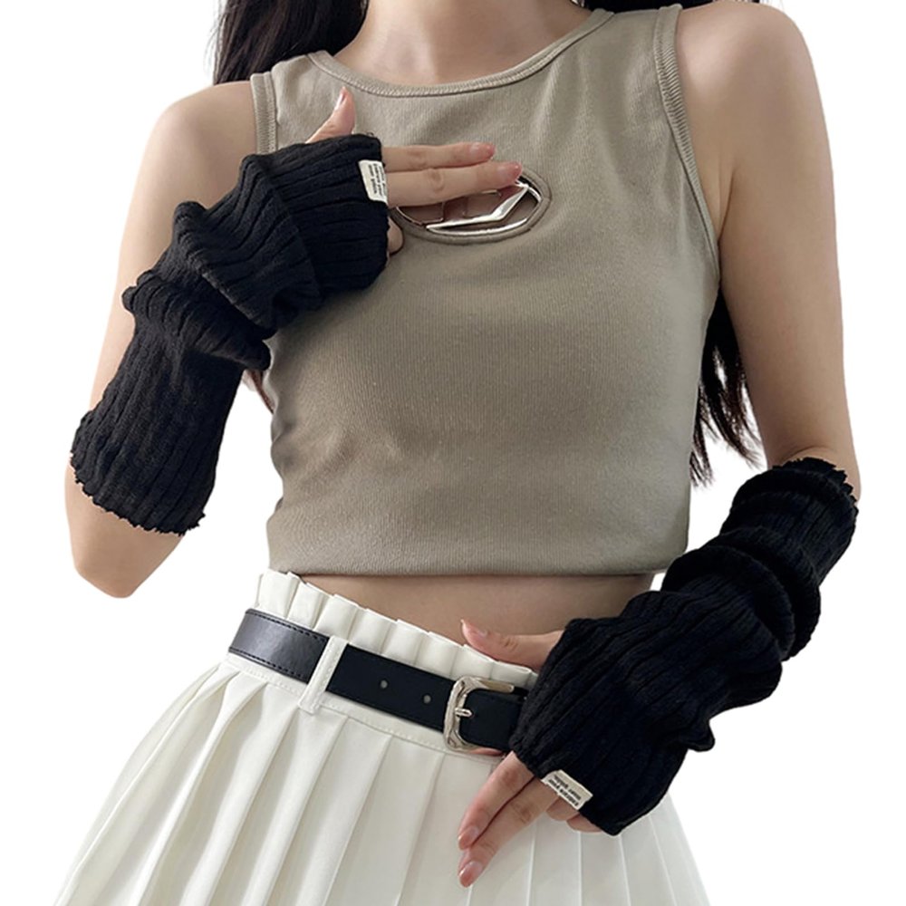 IRILA Arm Warmers Winter Y2k Cute Kpop Knit Soft Long Mitten Gloves Fingerless Arm Covers with Thumb Hole for Women (Black)