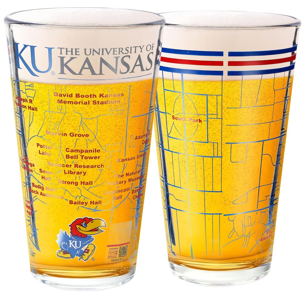 Greenline Goods University of Kansas Jayhawks College Pint Beer Glasses (Set of 2), 16 oz Full-Color Logo + Campus Map