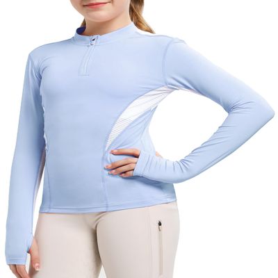 FitsT4 Sports Girls Long Sleeves Shirts Thumbhole English Horse Riding Shirt UPF50 Quick Dry Kids Equestrain Half Zip Jacket Blue X-Large