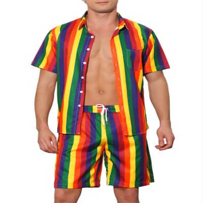 Lars Amadeus Rainbow Hawaiian Sets 2 Pieces for Men's Vacation Beach Shirt and Shorts Sets Medium Red Orange