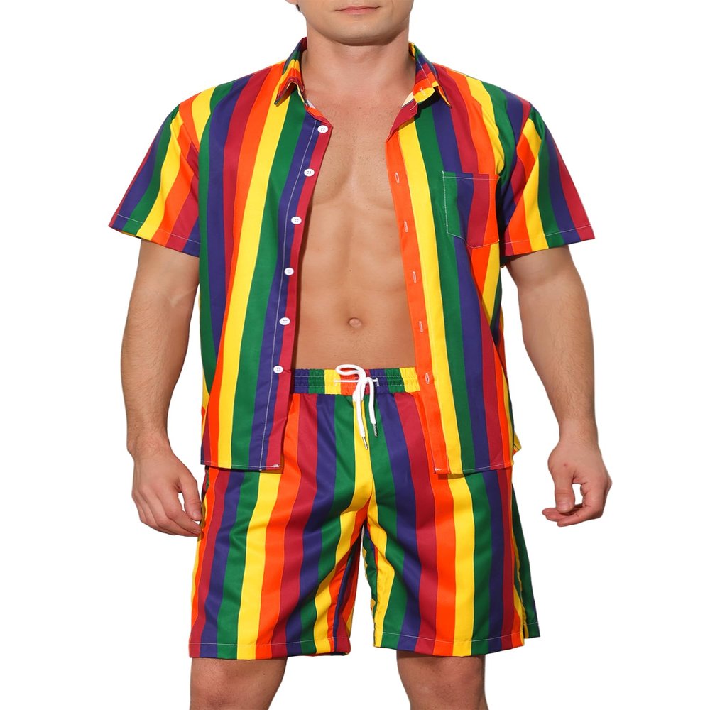 Lars Amadeus Rainbow Hawaiian Sets 2 Pieces for Men's Vacation Beach Shirt and Shorts Sets Medium Red Orange