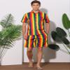 Lars Amadeus Rainbow Hawaiian Sets 2 Pieces for Men's Vacation Beach Shirt and Shorts Sets Medium Red Orange view 2