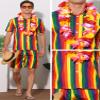 Lars Amadeus Rainbow Hawaiian Sets 2 Pieces for Men's Vacation Beach Shirt and Shorts Sets Medium Red Orange view 4