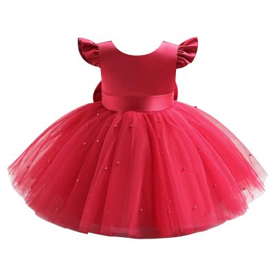ABEWIP Girls Tutu Dress Pearls Decor Baby Girls' Special Occasion Dresses Flutter Sleeve Princess Ball Gowns Red 70(6-12 Months)