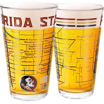 Greenline Goods  Florida State University Seminoles College Pint Beer Glasses (Set of 2), 16 oz  Full-Color Logo + Campus Map