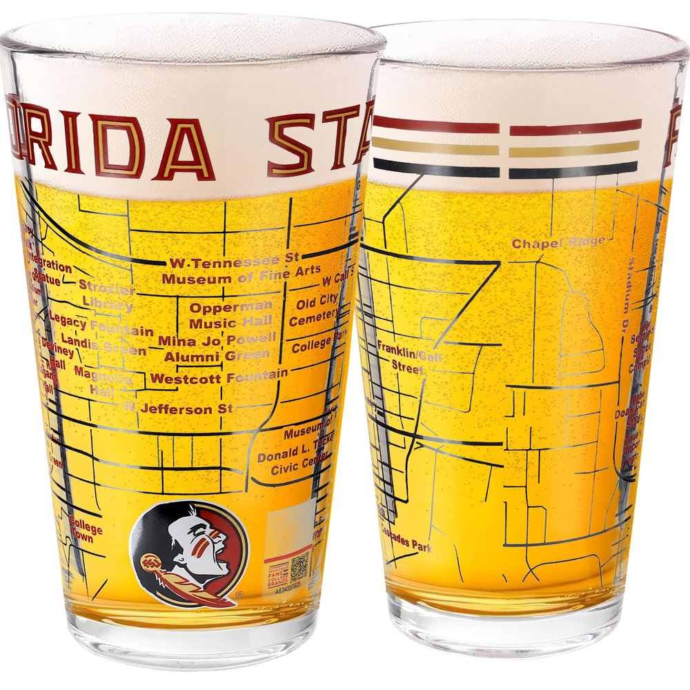 Greenline Goods Florida State University Seminoles College Pint Beer Glasses (Set of 2), 16 oz Full-Color Logo + Campus Map
