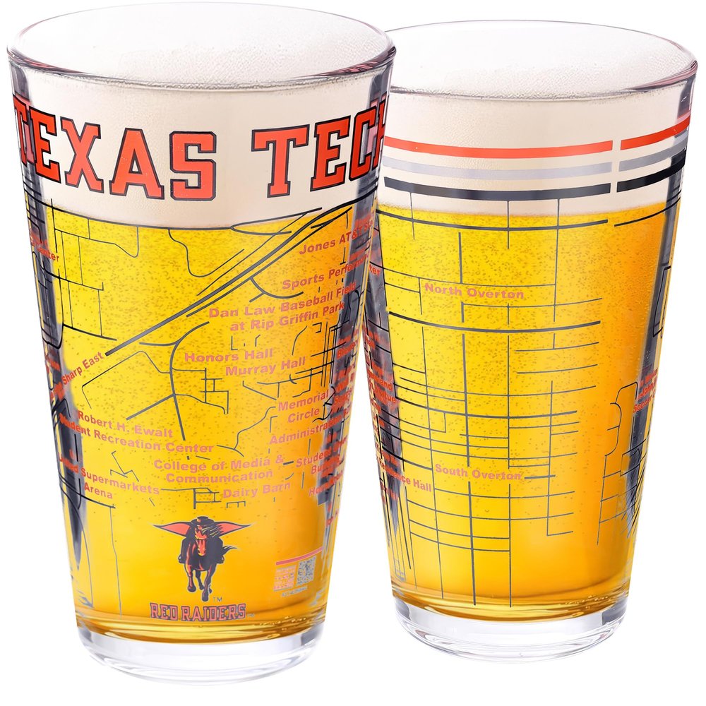 Greenline Goods  Texas Tech University Red Raiders College Pint Beer Glasses (Set of 2), 16 oz  Full-Color Logo + Campus Map