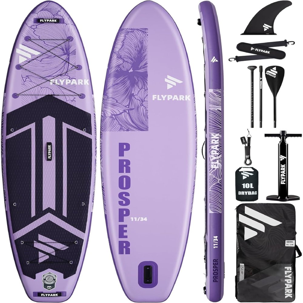 Flypark 11'x34 Inflatable Paddle Boards, Extra Wide SUP for 420lbs/3Adults, Yoga Stand Up Paddle Board, 110L Backpack, 15 D-Rings, Shoulder Strap, US-Fin, 2-Action Pump, Prosper Purple