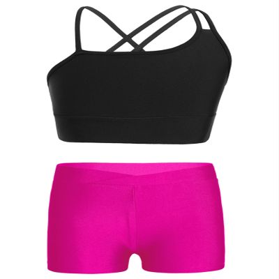 Freebily Kids Girls' 2 Pieces Dance Outfit Sport Crop Top Bra with Shorts Set Sports Workout Gymnastics Outfits Black&Rose 6 Years