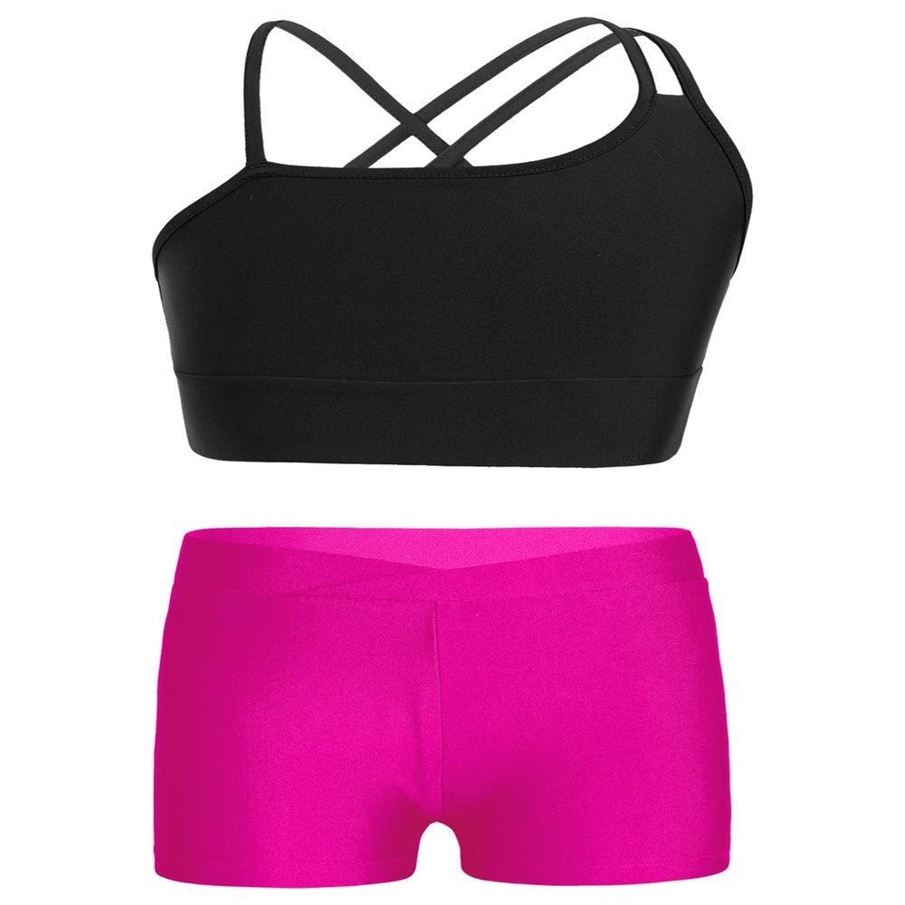 Freebily Kids Girls' 2 Pieces Dance Outfit Sport Crop Top Bra with Shorts Set Sports Workout Gymnastics Outfits Black&Rose 6 Years