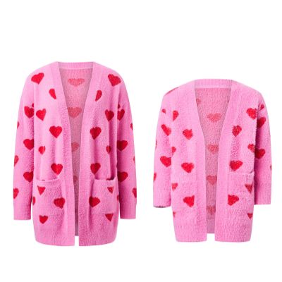Awoscut Mother and Daughter Matching Clothes Sweater Cardigan Top Long Sleeve Heart Sweater Jumpers Mommy and Me Blouse (Women, Pink, M)