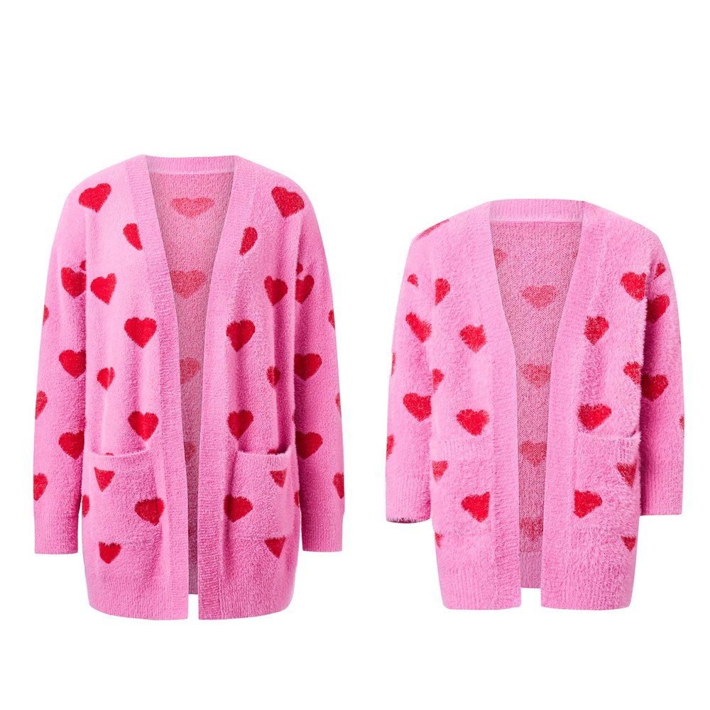 Awoscut Mother and Daughter Matching Clothes Sweater Cardigan Top Long Sleeve Heart Sweater Jumpers Mommy and Me Blouse (Women, Pink, M)