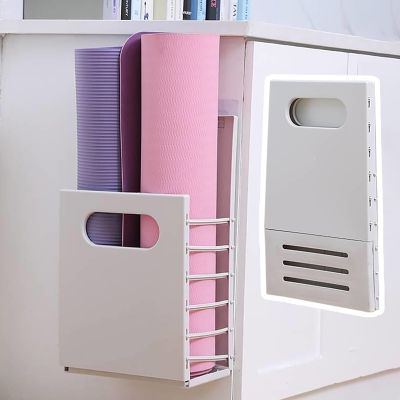 TUJOBA Hanging Yoga Mat Holder Foldable, Yoga Equipment Storage Rack for 2 Mats, Magnetic Plastic Foam Roller Storage Basket, Save Floor Space