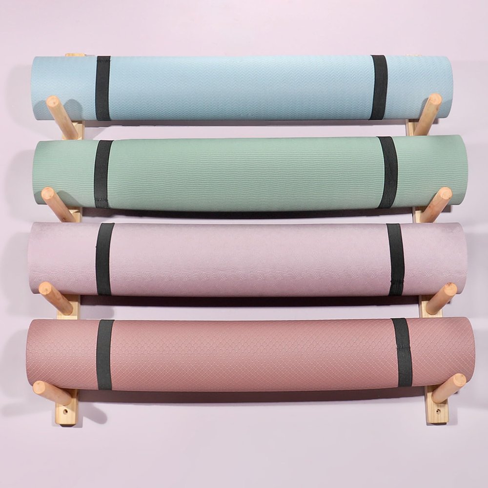 TUJOBA Wooden 4-Layer Yoga Mats Organizer Wall-Mounted, Fitness Equipment Holder for Storage Foam Roller/Pilates Mat, Home Decor Rack, No Burrs
