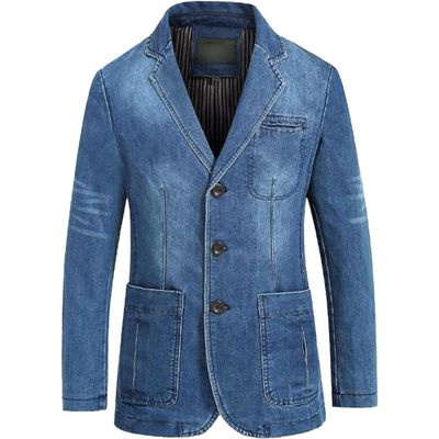 SWJGLITTR Mens Two Button Denim Suit Jacket Slim Fit Autumn Blazer Sport Coat Lapel Vintage Jean Suits Jackets (Medium,Blue)