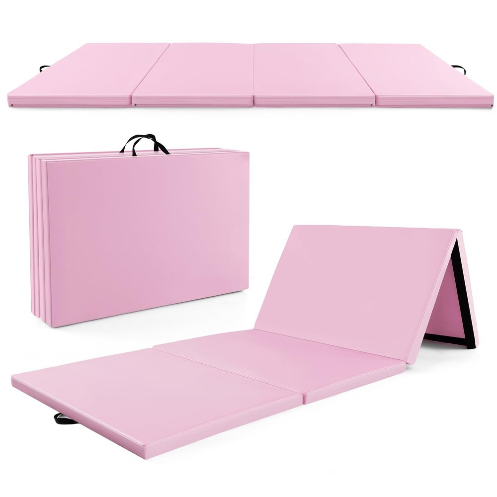 Goplus Folding Gymnastics Mat, 10 x 4 x 2 Thick Tumbling Mats with PU Leather, Hook & Loop Fasteners, Portable Handles, 4-Panel Exercise Mat for Home Gym Workouts, Yoga (Pink)