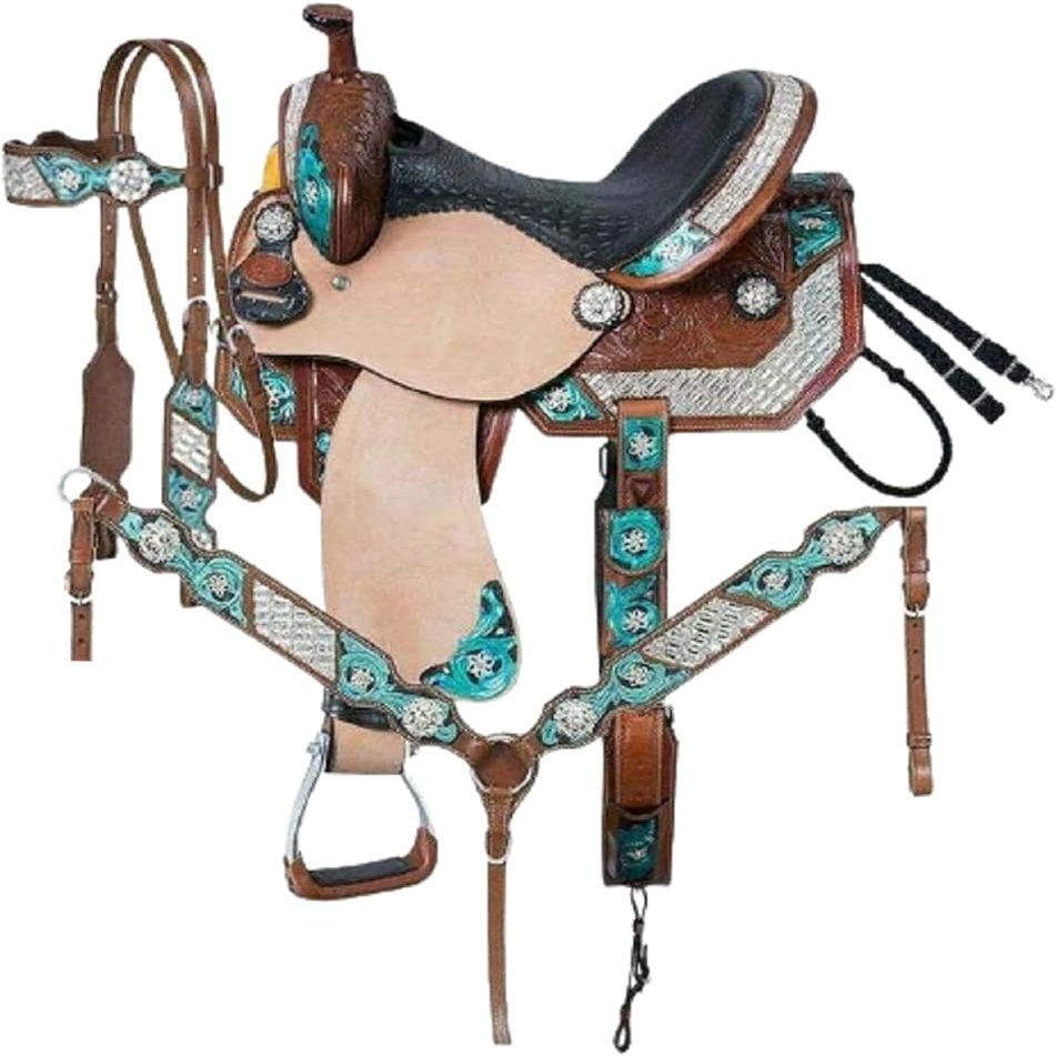 Premium Leather Western Barrel Horse Saddle Tack Set Crystal Turquoise 10" to 18" Seat (13" Seat)