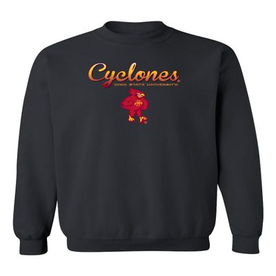 CornBorn ISU Crewneck Sweatshirt - Unisex Fleece Script Cyclones Full Color Fade with Cy - Black - Large