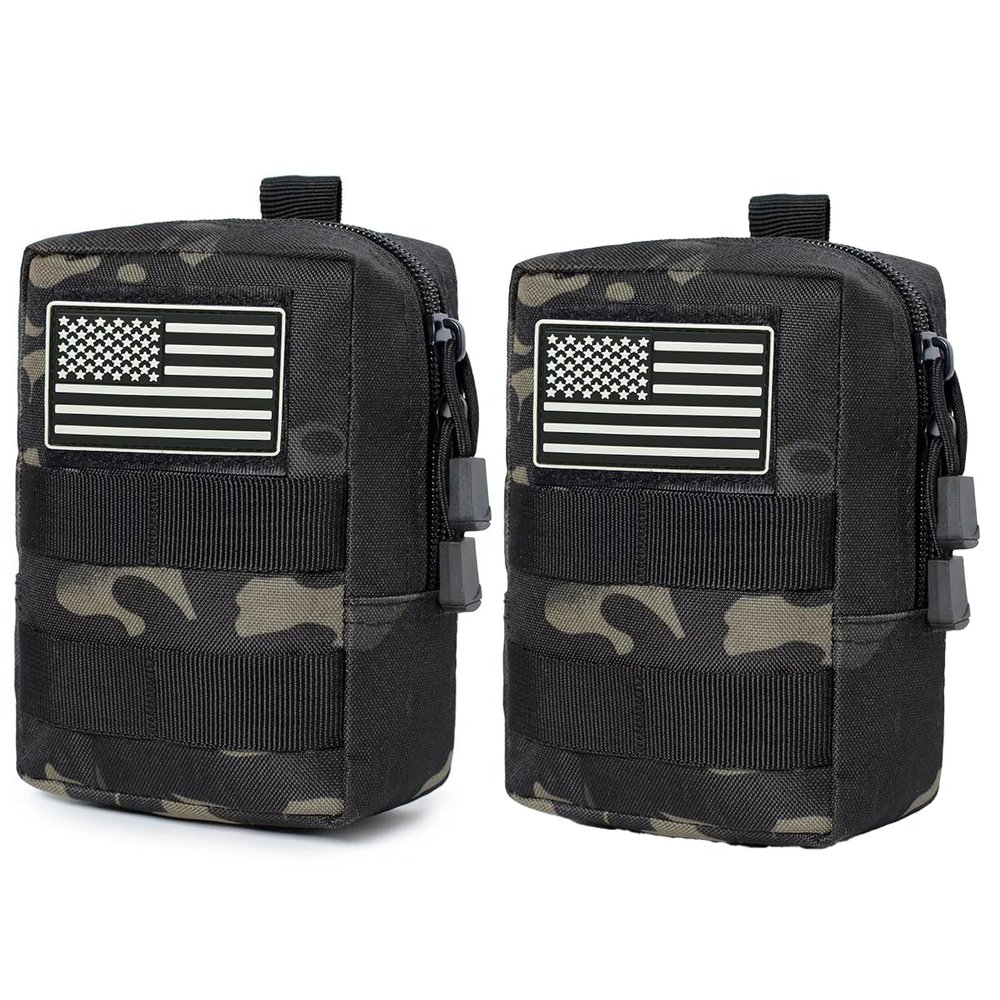 2 Pack Molle Pouches - Vest Cell Phone Holster Belt Waist Bag EDC Accessories Small Utility Pouch With Flag Patch Tactical Compact Water-Resistant Black Camo