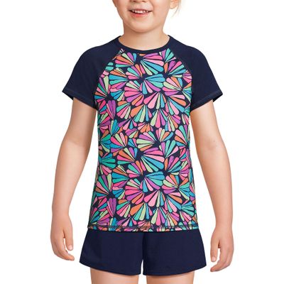 Lands' End Girls Chlorine Resistant Short Sleeve Crewneck Rash Guard Deep Sea Navy Fun Shells Kids X-Small