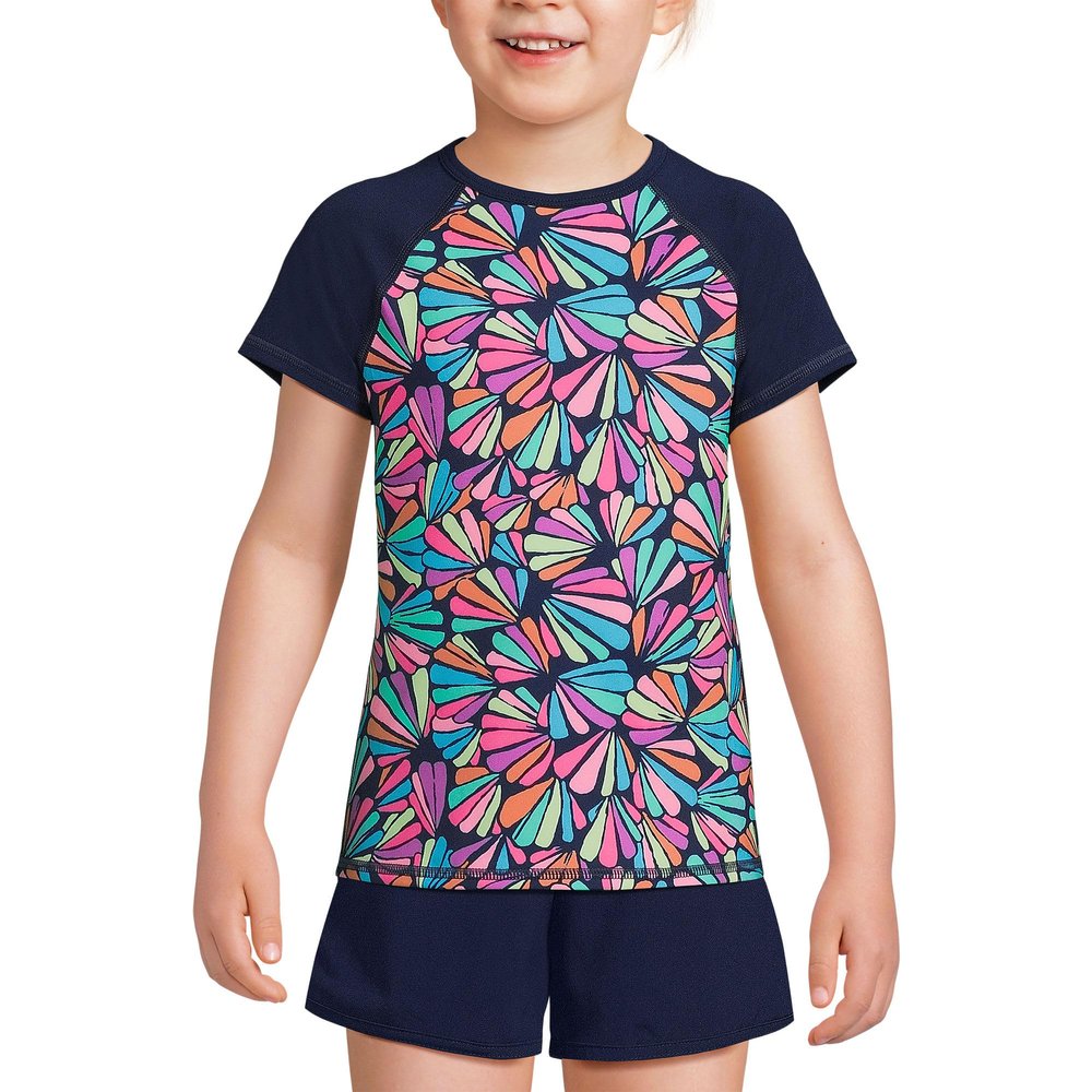 Lands' End Girls Chlorine Resistant Short Sleeve Crewneck Rash Guard Deep Sea Navy Fun Shells Kids X-Small