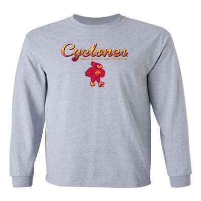 CornBorn Iowa State Long Sleeve Shirt - Iowa State Apparel - ISU Shirt - Script Cyclones Full Color Fade with Cy - Gray - Medium