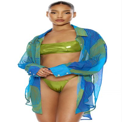 Forplay Women's Yucatan Chiffon Button Up Pool Shirt - Teal Wave, XL