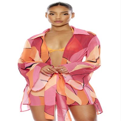 Forplay Women's Standard Nayarit Chiffon Tie Front Pool Tunic, Fuchsia Multi Marble, Large