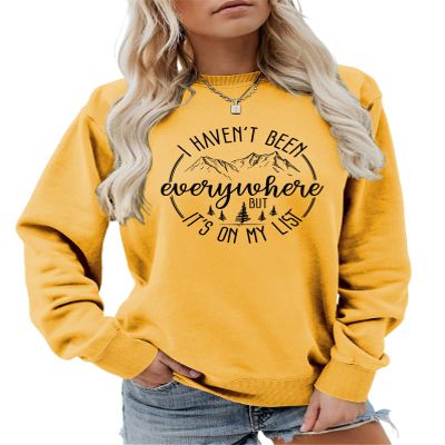 Pifnxtamy Sweatshirts for Women I Haven't Been Everywhere But It's On My List Graphic Tee Soft Comfy Crewneck Tops Yellow