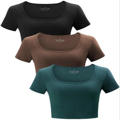 Yeawinta Crop Tops for Women Workout Tshirt Cotton Short Sleeve T Shirts Cropped Basic Tees Cute Fitted Gym Yoga Clothes 3 Pack Black/Emerald Green/Coffee S