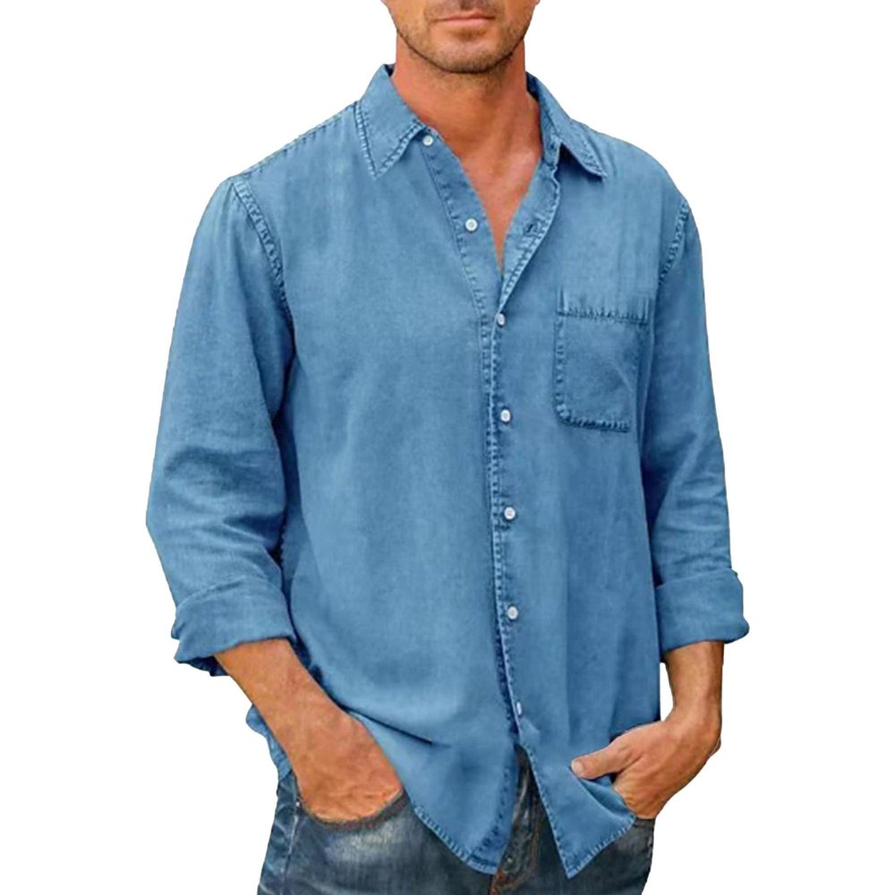 Men Long Sleeve Lapel Denim Shirts Lightweight Work Cowboy Shirt Button Slim Fit Casual Jean Jacket (Blue,Medium)