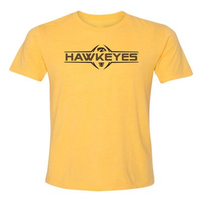 CornBorn Iowa Hawkeyes Tee Shirt - Premium Tri-Blend Striped Hawkeyes Football Laces - Gold - Extra Small