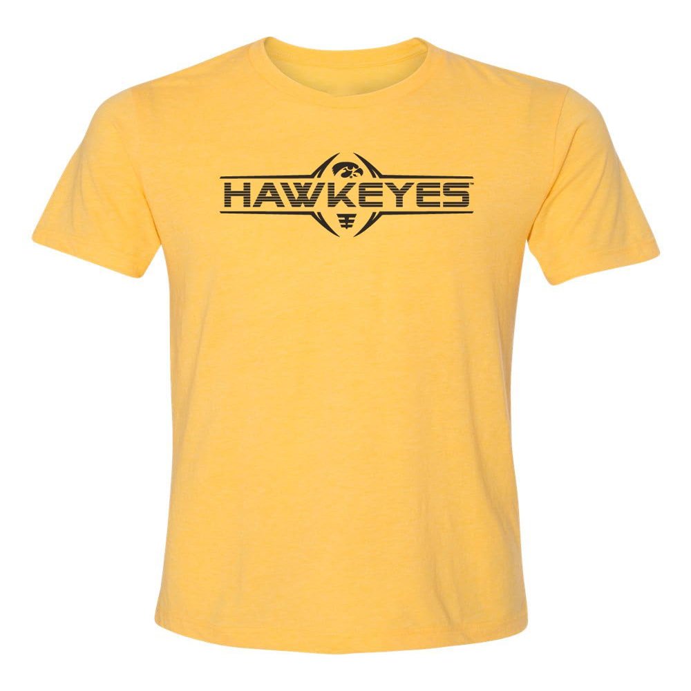 CornBorn Iowa Hawkeyes Tee Shirt - Premium Tri-Blend Striped Hawkeyes Football Laces - Gold - Extra Small